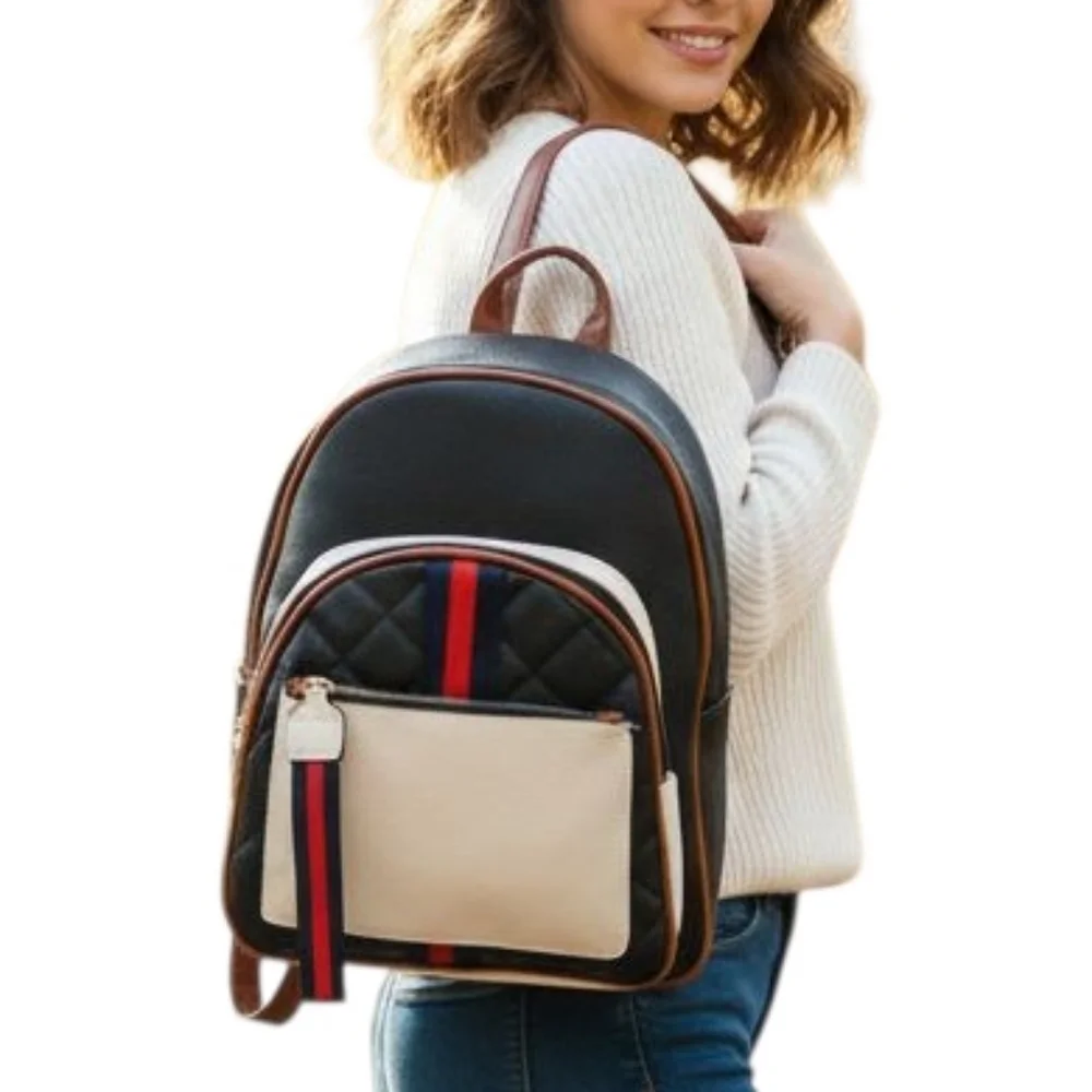 Large Color Block Black Backpack Purse